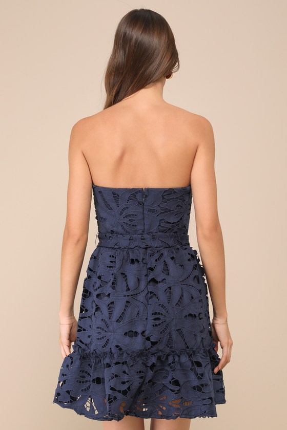 Lulus Majorly Cute Navy Blue Crochet Lace Strapless Bustier Mini Dress In Navy Blue