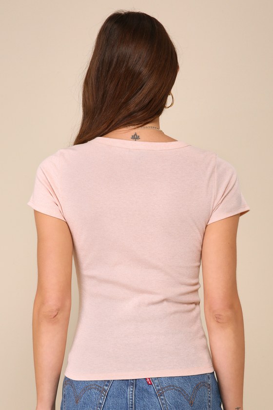 LUXE KNIT HENLEY NECK WITH RUFFLE RIB BAND SHORT SLEEVE TOP - BLUE/PINK/WHITE main image 0