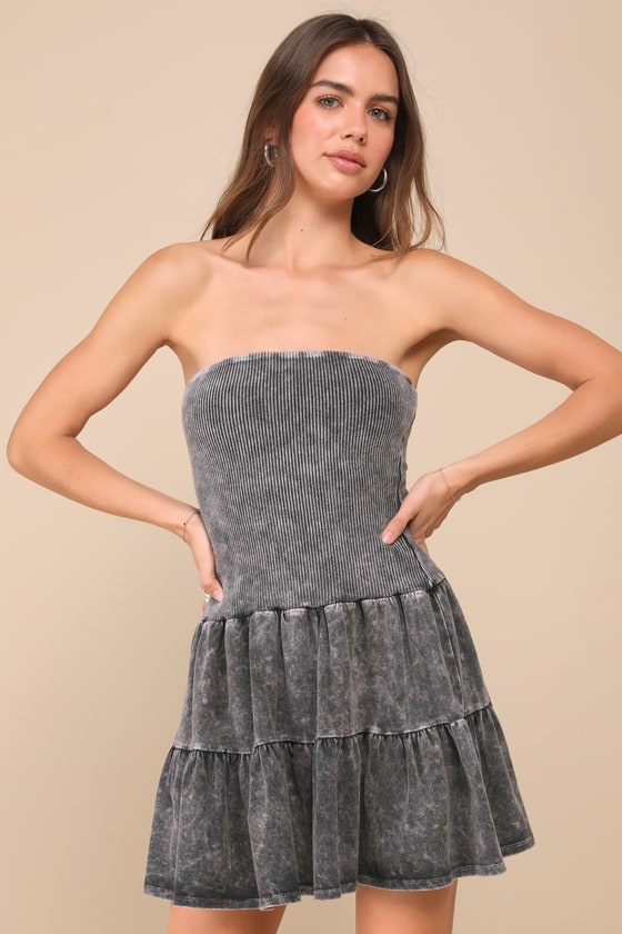 Lulus Cute Always Black Mineral Washed Ribbed Tiered Mini Dress In Black