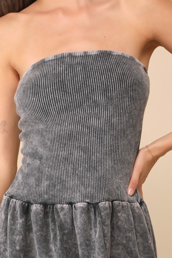 Lulus Cute Always Black Mineral Washed Ribbed Tiered Mini Dress In Black