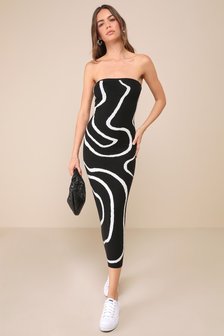 Peak Presence Black Abstract Print Strapless Sweater Midi Dress