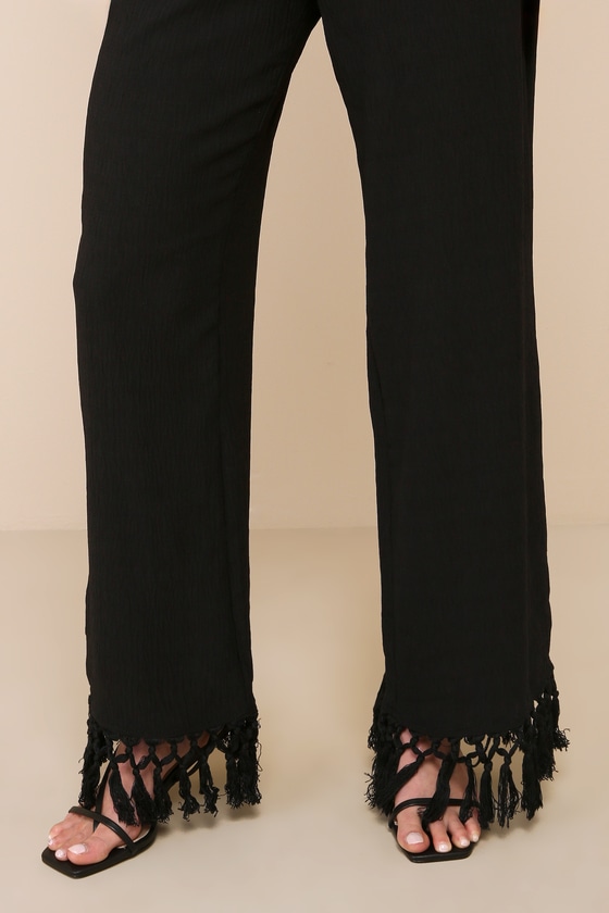 Lulus Summery Occasion Black Fringe High Rise Wide-leg Pants In Black