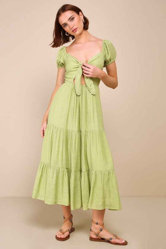Lulus Darling Concept Green Tiered Tie-front Puff Sleeve Midi Dress In Green