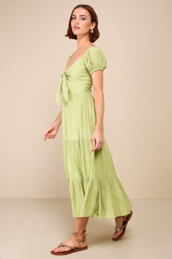 Lulus Darling Concept Green Tiered Tie-front Puff Sleeve Midi Dress In Green