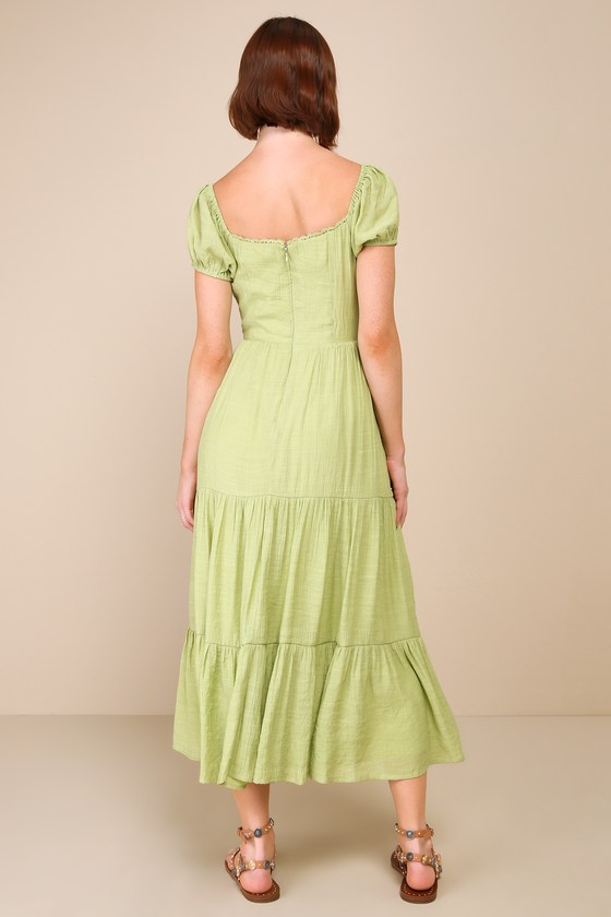 Lulus Darling Concept Green Tiered Tie-front Puff Sleeve Midi Dress In Green