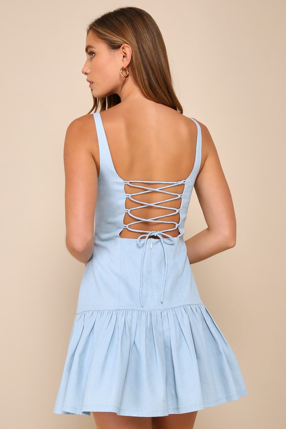 Lulus Adorable Concept Blue Lace-up Backless Drop Waist Mini Dress In Blue