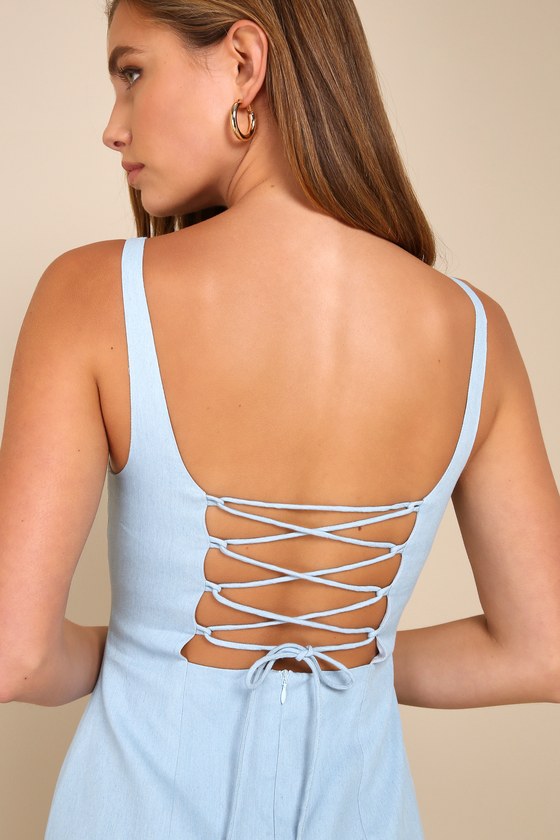 Blue Lace-Up Dress - Backless Drop Waist Dress - Mini Dress - Image 4