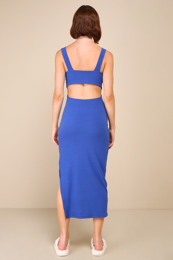 Lulus Divide And Contour Royal Blue Ribbed Cutout Bodycon Midi Dress In Royal Blue