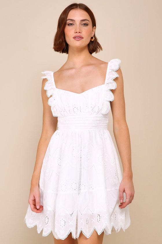 Lulus Sincerely Precious White Eyelet Embroidered Ruffled Mini Dress
