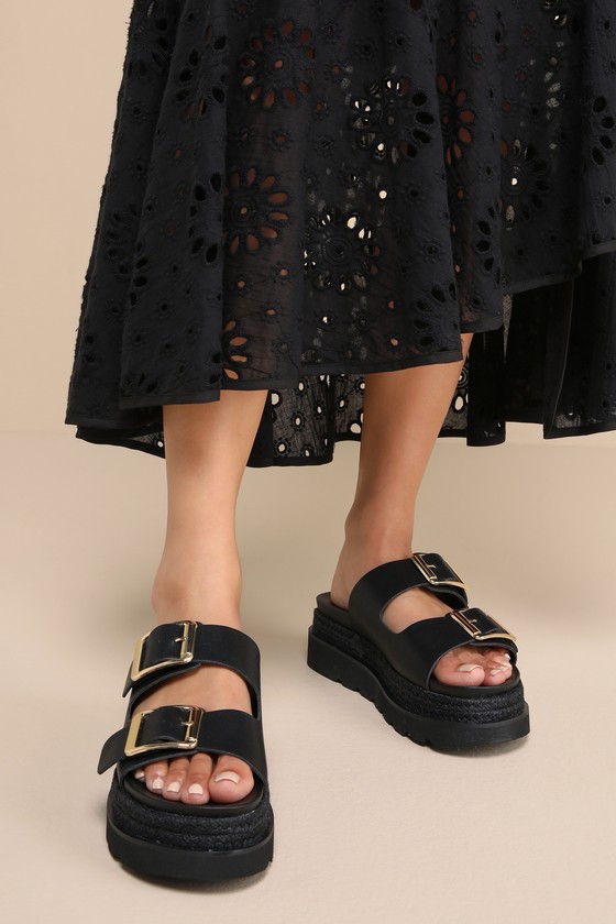 Mythical Black Buckle Raffia Flatform Slide Sandals 1
