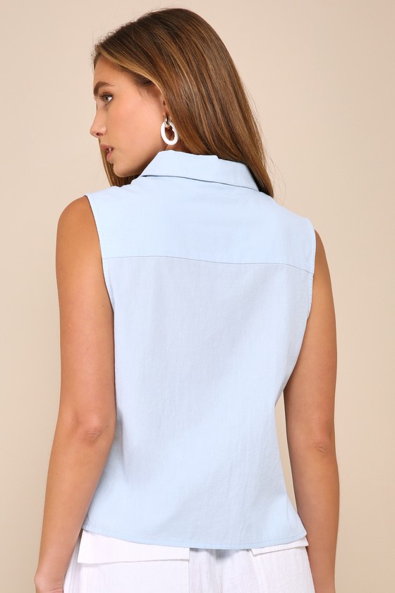 Lulus Definite Chicness Light Blue Cotton Sleeveless Button-up Top In Light Blue
