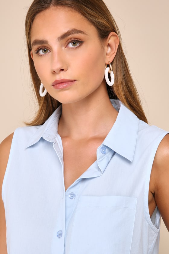 Lulus Definite Chicness Light Blue Cotton Sleeveless Button-up Top In Light Blue
