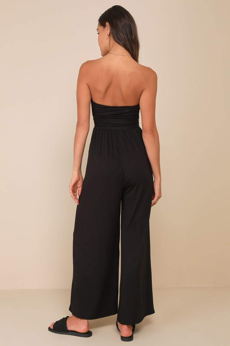 Flirty Posture Black Jersey Knit Strapless Jumpsuit