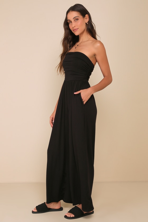 LUSH Black Jersey Jumpsuit - Knit Strapless Jumpsuit - Jumpsuit