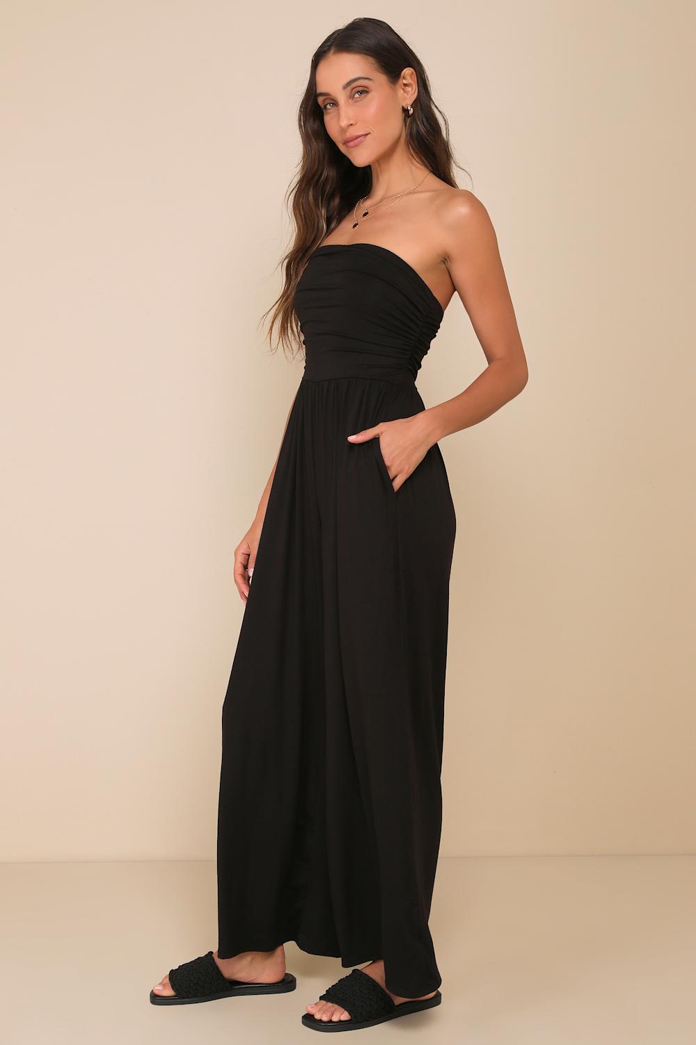 Flirty Posture Black Jersey Knit Strapless Jumpsuit