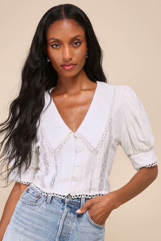 Uncommon Charm Ivory Lace Button-Up Big Collar Puff Sleeve Top 1