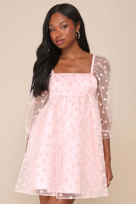 Effervescent Charm Pink Organza Floral Babydoll Mini Dress 1