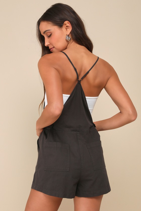 Lulus Easygoing Beauty Washed Black Short Overall Romper In Black