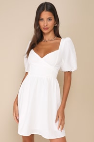Little Bit In Love White Surplice Puff Sleeve Mini Dress