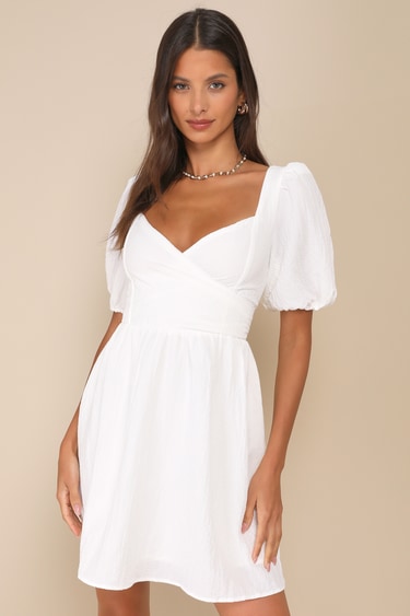 Little Bit In Love White Surplice Puff Sleeve Mini Dress Lulus