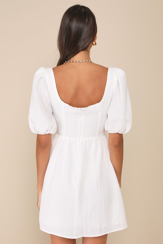White Mini Dress - Puff Sleeve Dress - Surplice Dress - Lulus