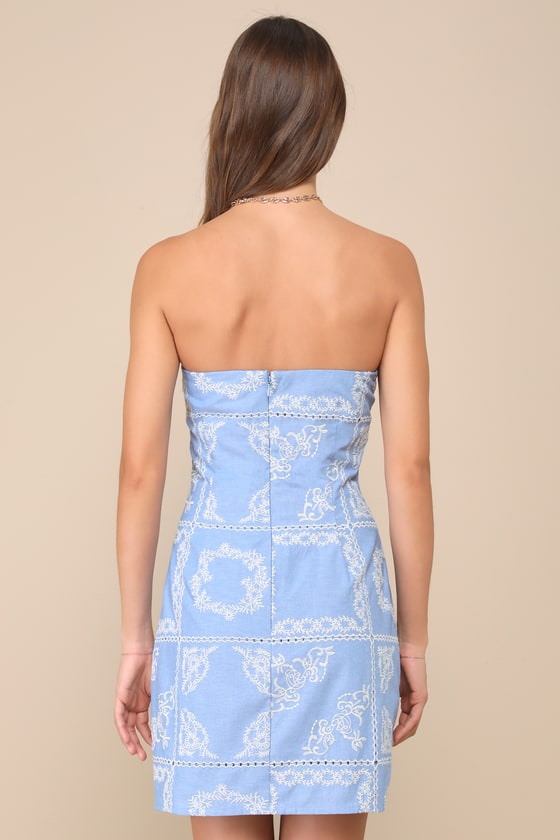 Lulus Lovely Pose Blue Embroidered Strapless Mini Dress In Blue