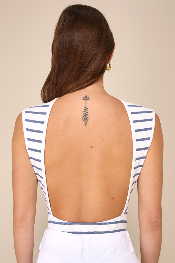 Lulus Wonderfully Sweet Ivory Striped Cap Sleeve Backless Bodysuit In Ivory
