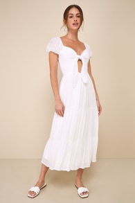 Darling Concept White Tiered Tie-Front Puff Sleeve Midi Dress 3