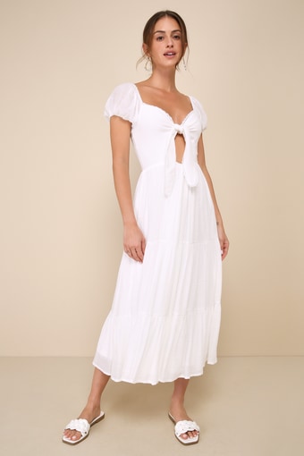 Darling Concept White Tiered Tie-Front Puff Sleeve Midi Dress 3