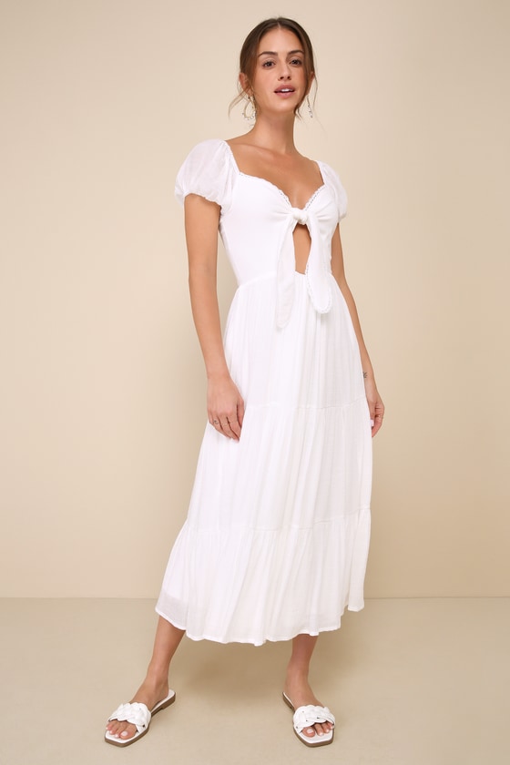 Darling Concept White Tiered Tie-Front Puff Sleeve Midi Dress 3