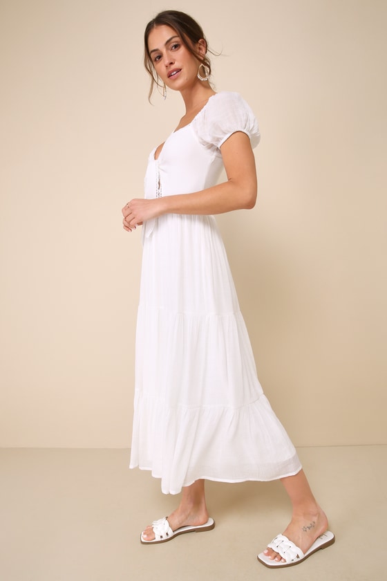 Shop Lulus Darling Concept White Tiered Tie-front Puff Sleeve Midi Dress
