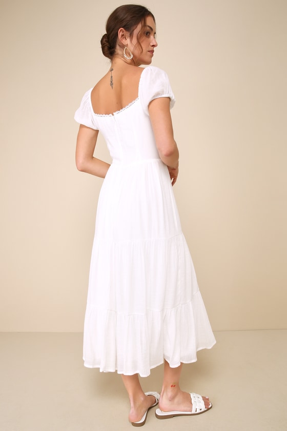Shop Lulus Darling Concept White Tiered Tie-front Puff Sleeve Midi Dress