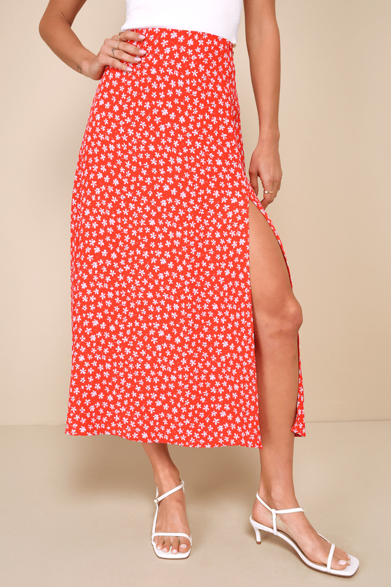 Lulus Cute Desires Red Ditsy Floral Print High-rise Midi Skirt In Red