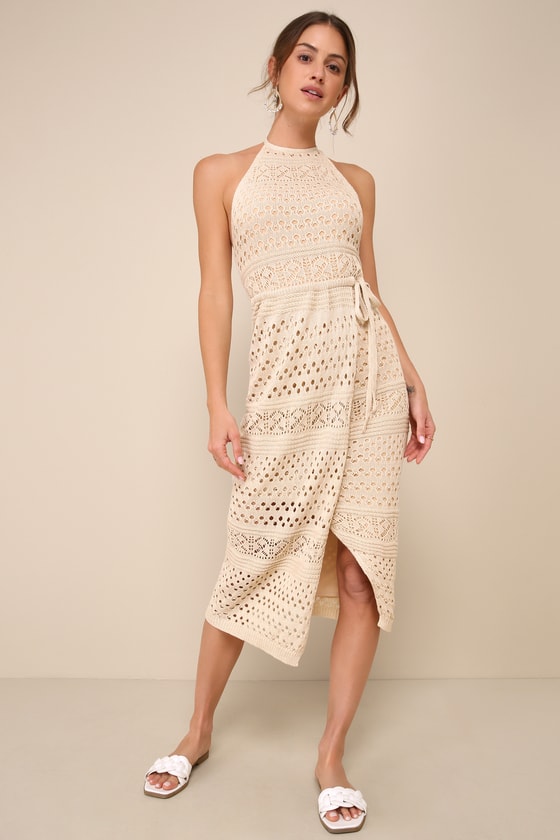 Lulus Blissful Strolls Beige Crochet Faux-wrap Halter Midi Dress In Beige