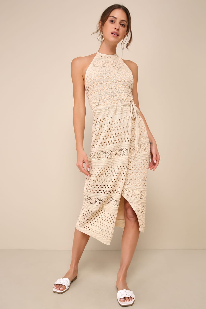 Blissful Strolls Beige Crochet Faux-Wrap Halter Midi Dress