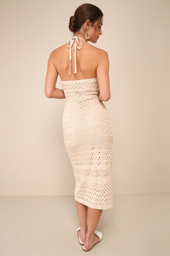 Lulus Blissful Strolls Beige Crochet Faux-wrap Halter Midi Dress In Beige
