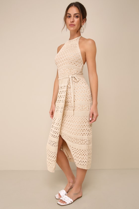 Lulus Blissful Strolls Beige Crochet Faux-wrap Halter Midi Dress In Beige
