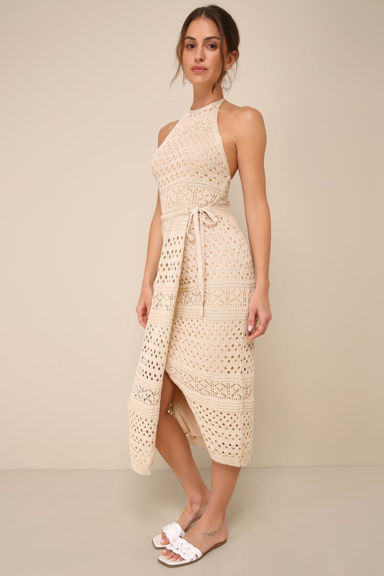 Blissful Strolls Beige Crochet Faux-Wrap Halter Midi Dress