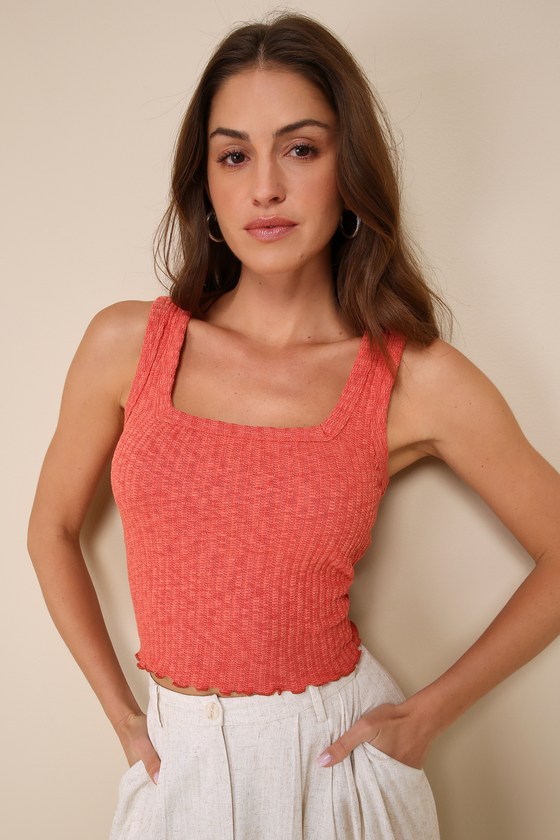 Brick Red Ribbed Tank Top - Heathered Tank Top - Cropped