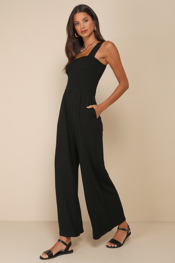 Social Calendar Black Ribbed Knit Wide Leg Jumpsuit