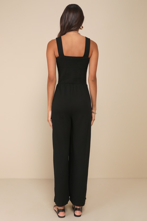 Social Calendar Black Ribbed Knit Wide Leg Jumpsuit