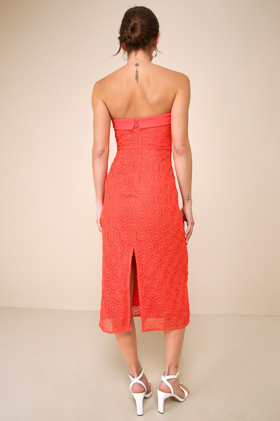 Shop Lulus Chic Intent Bright Red Crochet Textured Strapless Midi Dress