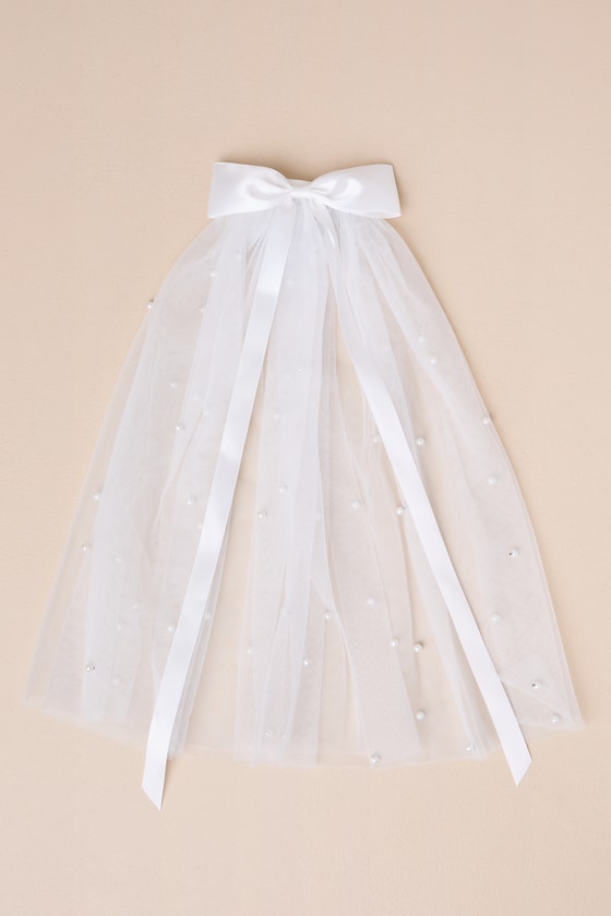 White Mesh Veil - Satin Bow Veil - White Pearl Veil - Short Veil - Image 3