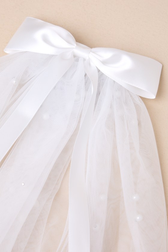 White Mesh Veil - Satin Bow Veil - White Pearl Veil - Short Veil - Image 4