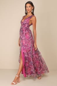 Garden Romance Magenta Floral Print Organza Maxi Dress 8