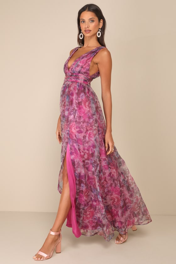 Magenta Floral Print Strapless Maxi Dress main image 1