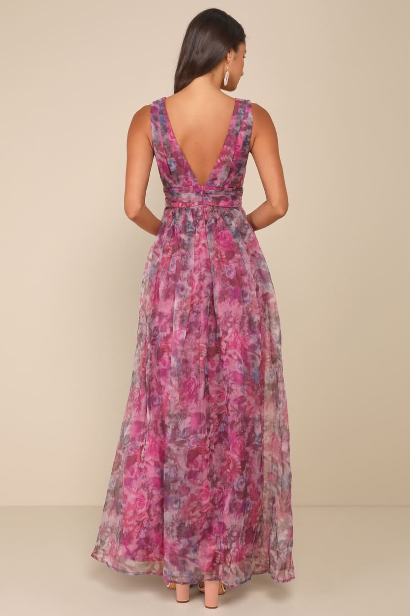 Garden Romance Magenta Floral Print Organza Maxi Dress