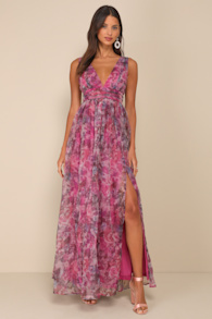 Garden Romance Magenta Floral Print Organza Maxi Dress 11