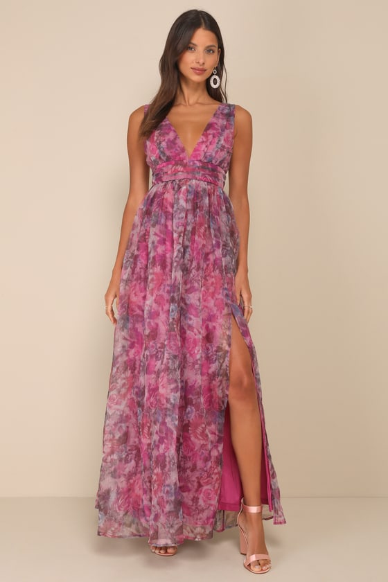 Garden Romance Magenta Floral Print Organza Maxi Dress 11