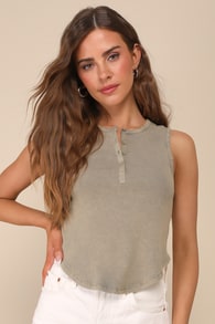 Compelling Cutie Washed Sage Green Ribbed Knit Tank Top 1